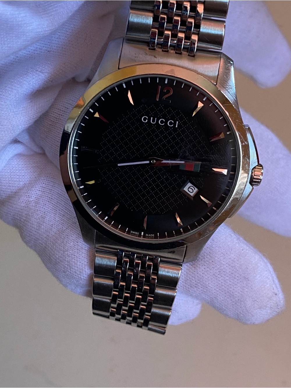 Gucci Black Dial Stainless Steel Watch with Green-Red Accent